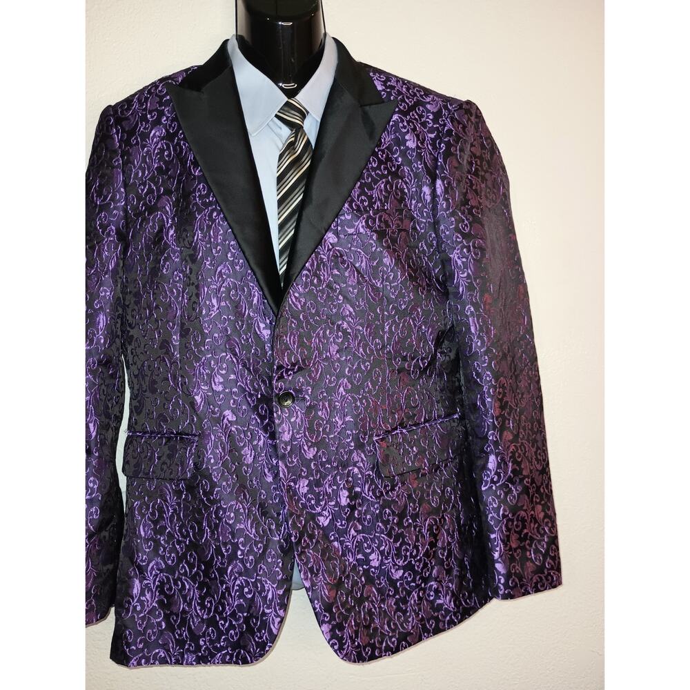 COOFANDY Men's Purple Floral Jacquard Blazer Tuxedo Jacket Size L M008 - Picture 6 of 11